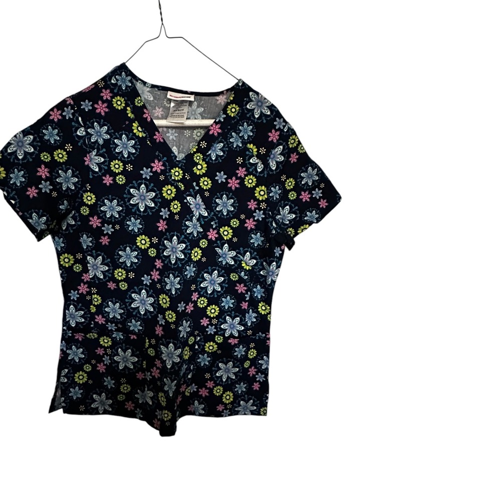 Med Couture Floral Print Scrub Top V-Neck Short Sleeve Women's Size S